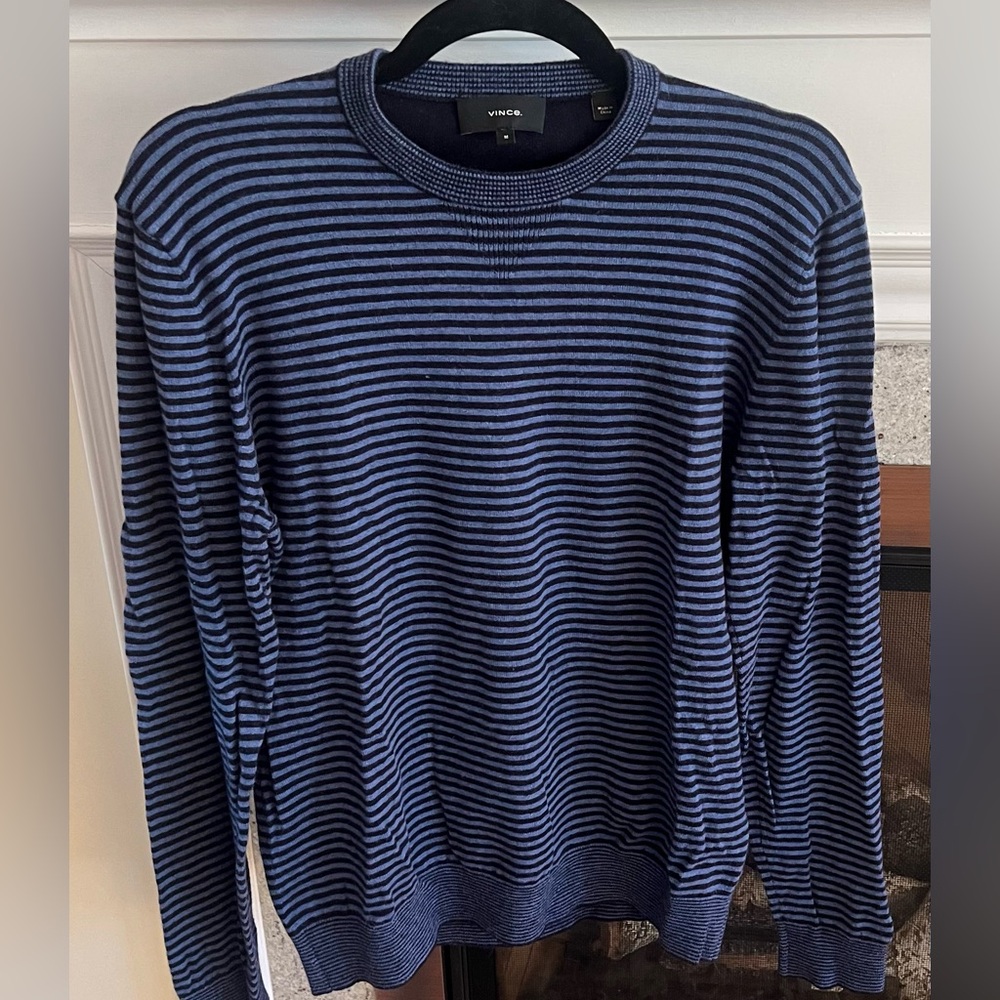VINCE CONTRAST TRIM MERINO WOOL COTTON BLEND BLUE BLACK STRIPED CREW SWEATER M